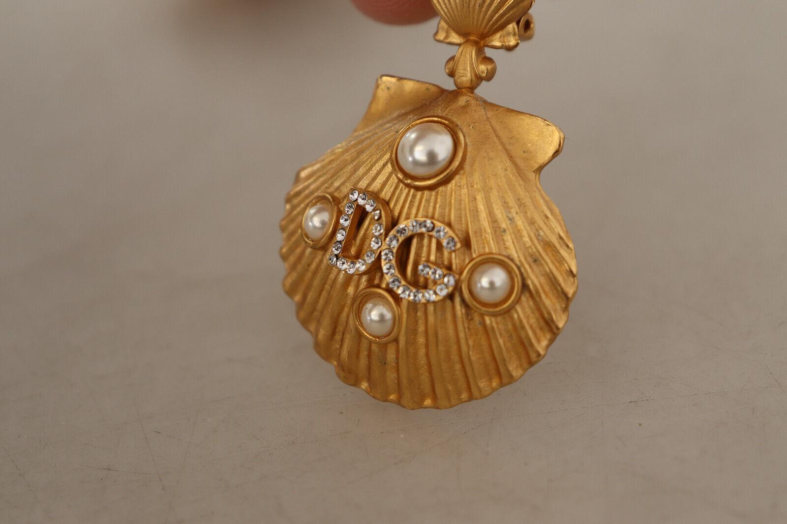 Dolce & Gabbana Gold Brass Crystal Seashell Clip-on Drop Dangle Earrings Sea 3