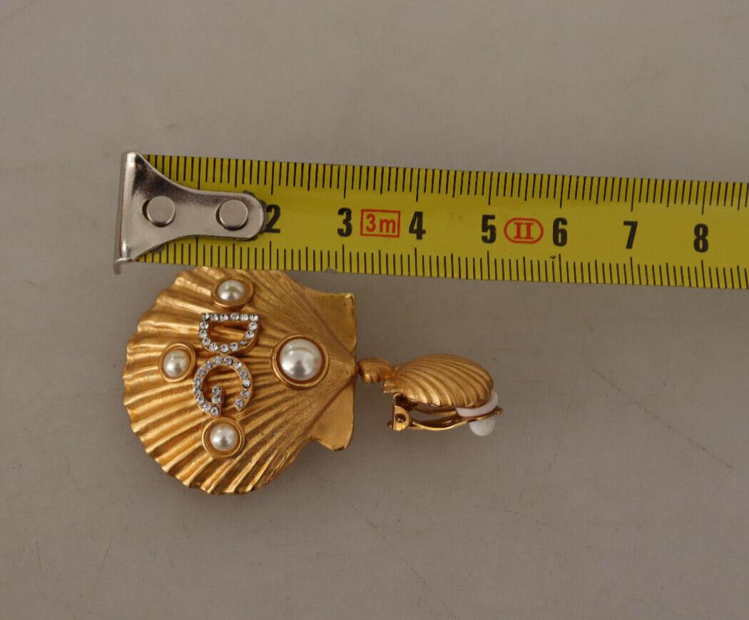 Dolce & Gabbana Gold Brass Crystal Seashell Clip-on Drop Dangle Earrings Sea 4