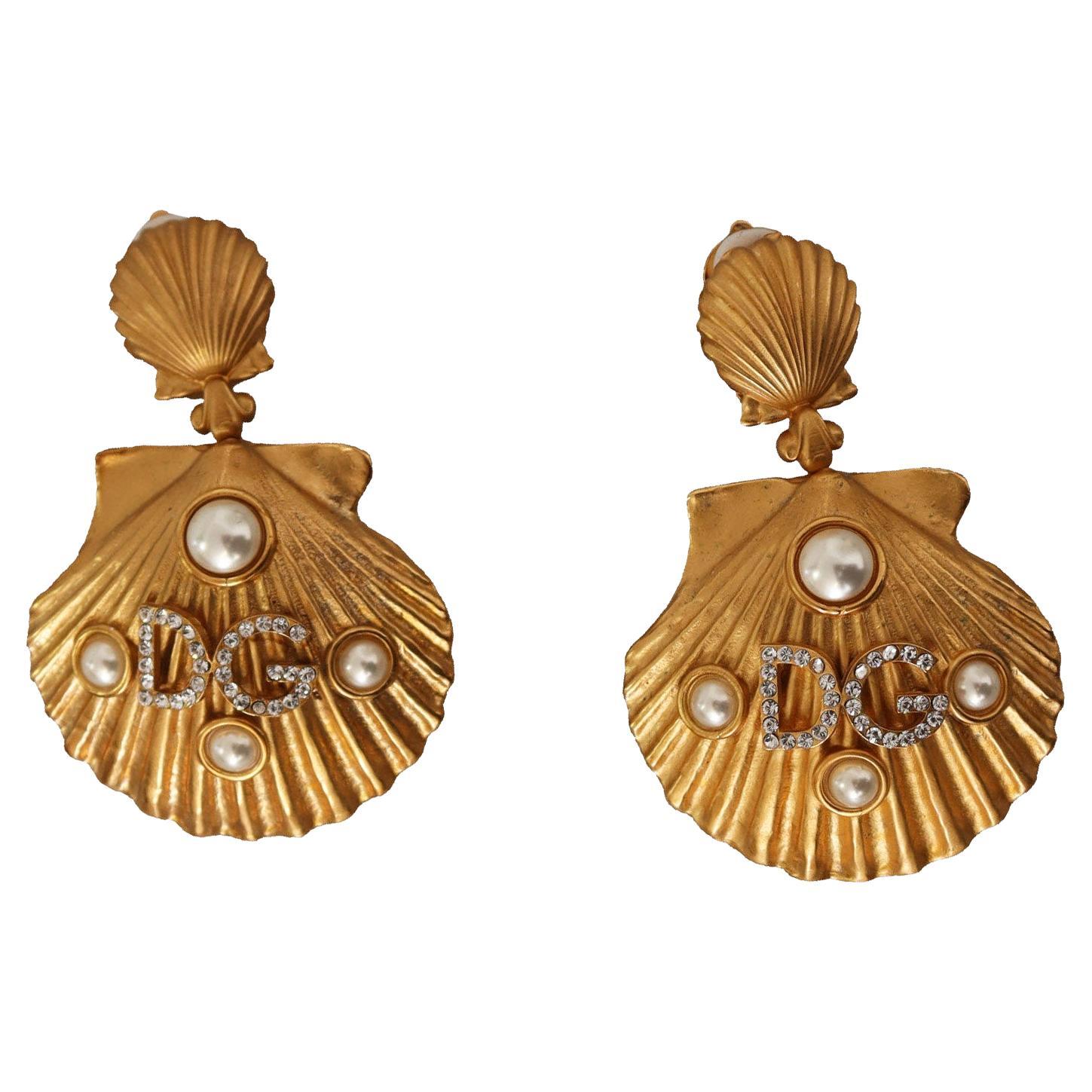 Dolce & Gabbana Gold Brass Crystal Seashell Clip-on Drop Dangle Earrings Sea