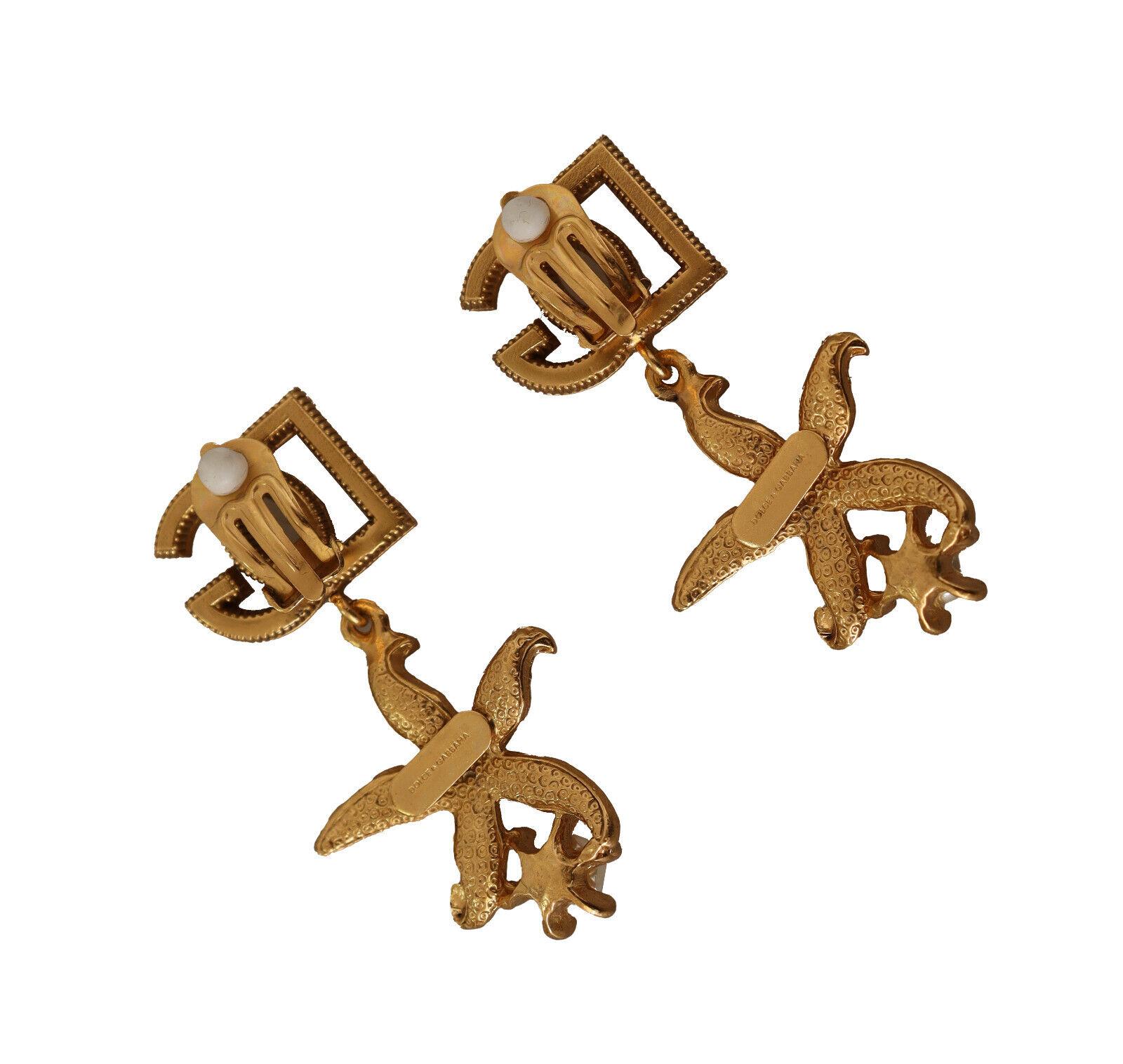 Dolce & Gabbana Gold Brass Crystal Starfish Clip-on Drop Dangle Earrings In New Condition In WELWYN, GB