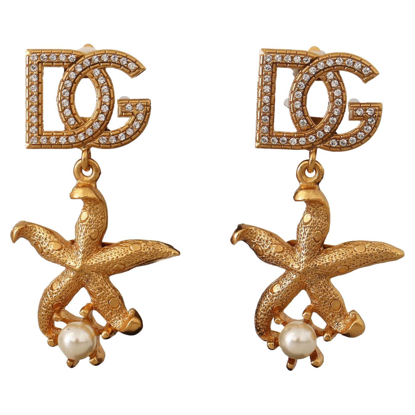 Dolce & Gabbana Gold Brass Crystal Starfish Clip-on Drop Dangle Earrings