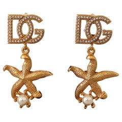 Dolce & Gabbana Gold Brass Crystal Starfish Clip-on Drop Dangle Earrings