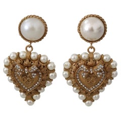 Dolce & Gabbana Gold Brass Pearls Crystal Sacred Heart Clip-on Drop Earrings  