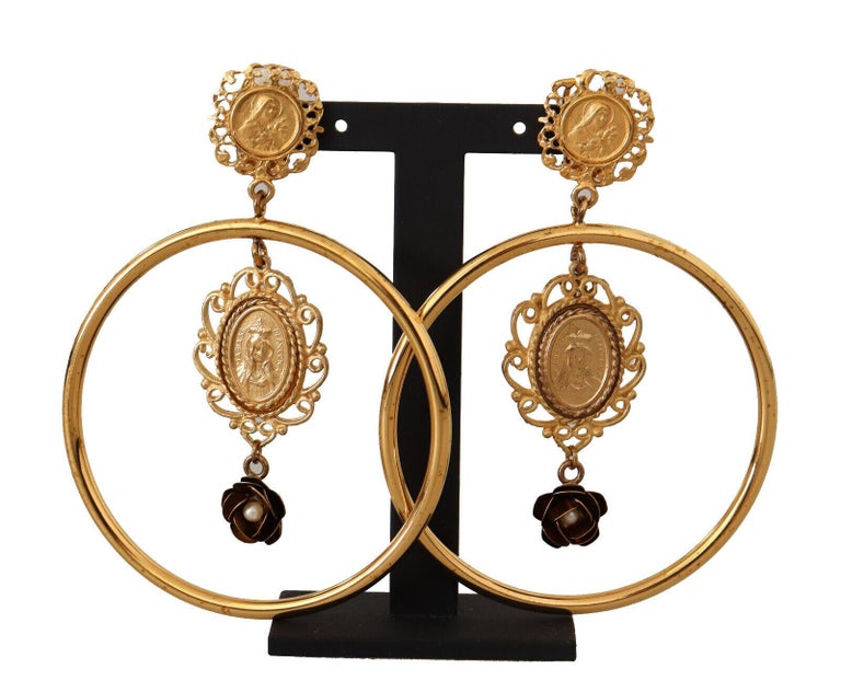 Dolce And Gabbana Gold Brass Sicily Black Flower Clip On Dangle Hoop