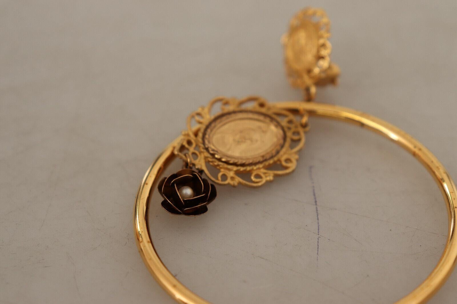 Modern Dolce & Gabbana Gold Brass Sicily Black Flower Clip-on Dangle Hoop Earrings For Sale