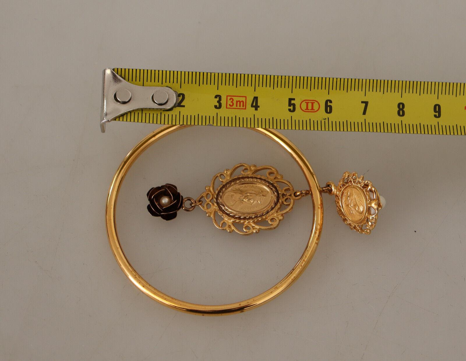 Women's Dolce & Gabbana Gold Brass Sicily Black Flower Clip-on Dangle Hoop Earrings For Sale