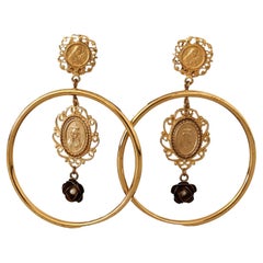 Dolce & Gabbana Gold Brass Sicily Black Flower Clip-on Dangle Hoop Earrings