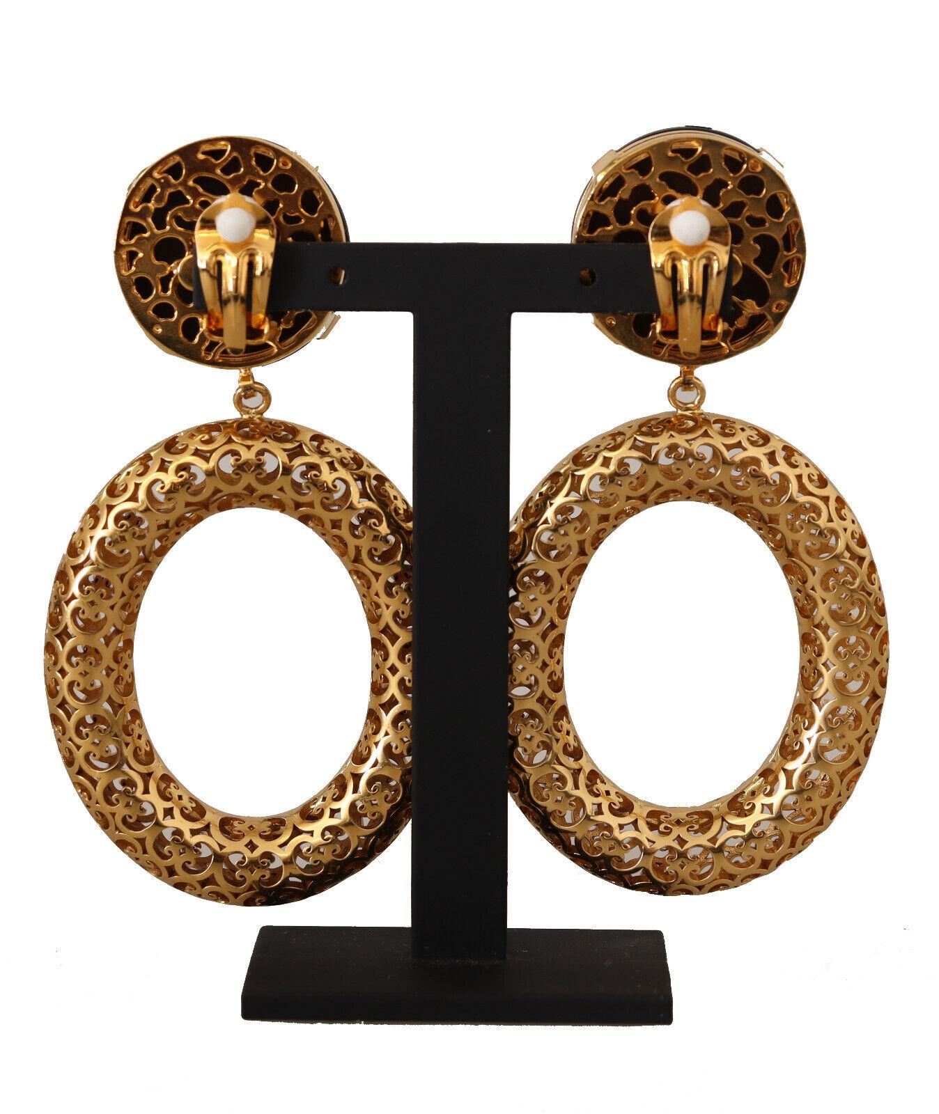 Dolce & Gabbana Gold Brown Brass Sicily Clip-on Dangle Hoop Earrings DG Logo In New Condition In WELWYN, GB