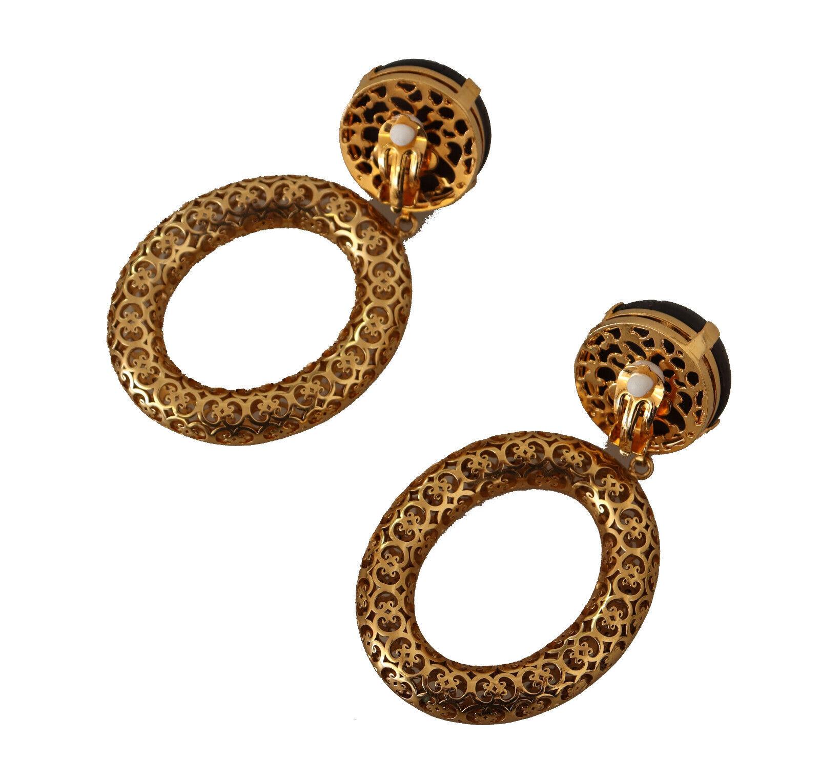 Women's Dolce & Gabbana Gold Brown Brass Sicily Clip-on Dangle Hoop Earrings DG Logo