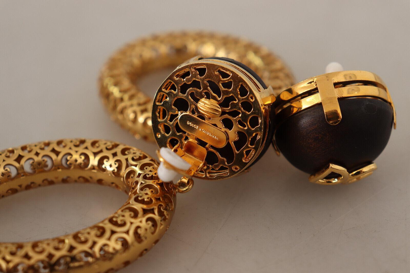 Dolce & Gabbana Gold Brown Brass Sicily Clip-on Dangle Hoop Earrings DG Logo 1