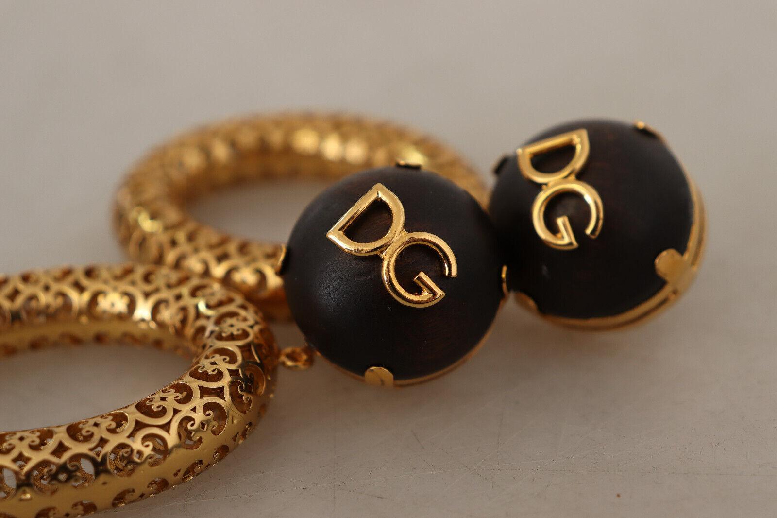 Dolce & Gabbana Gold Brown Brass Sicily Clip-on Dangle Hoop Earrings DG Logo 2