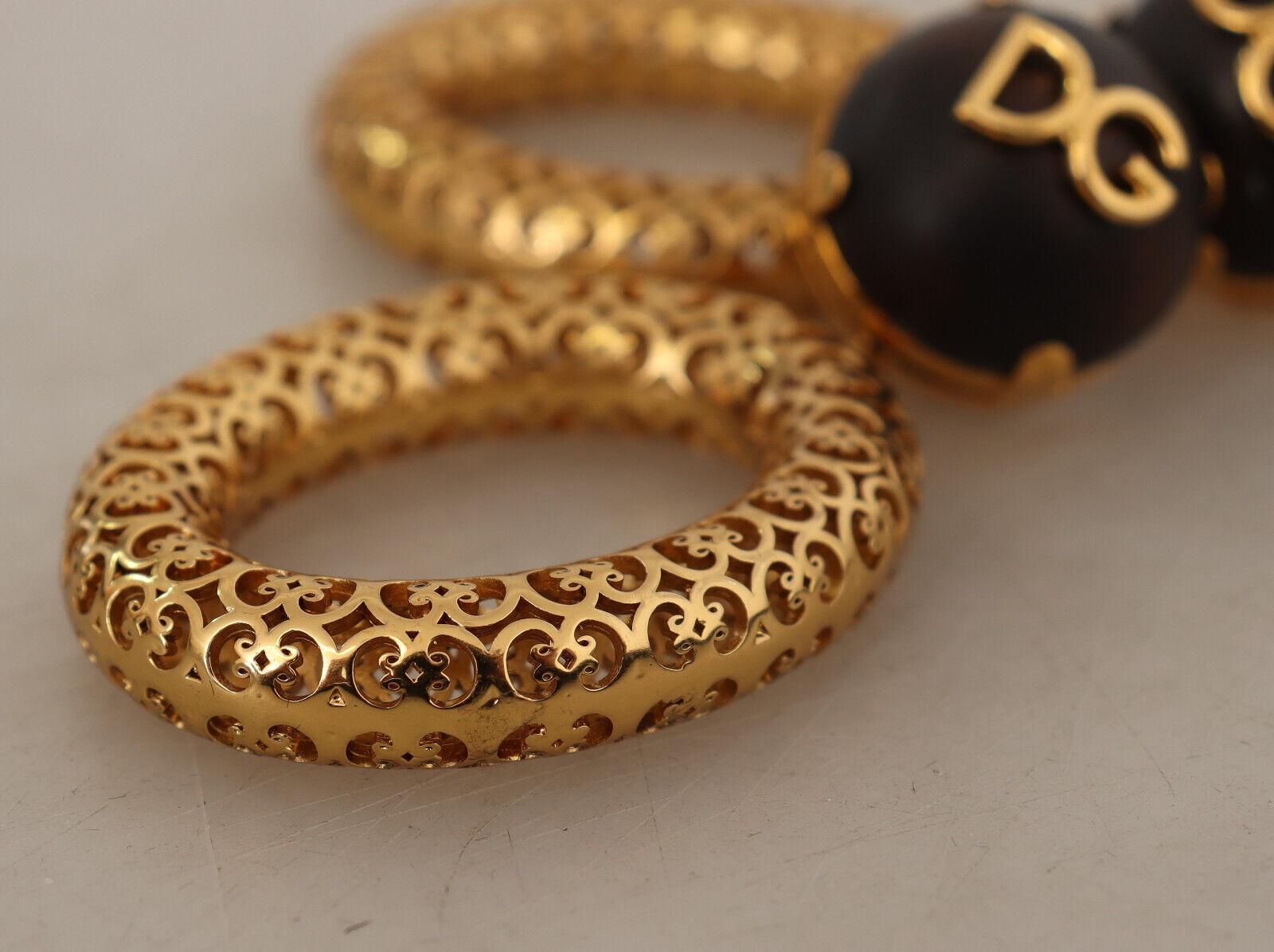 Dolce & Gabbana Gold Brown Brass Sicily Clip-on Dangle Hoop Earrings DG Logo 3