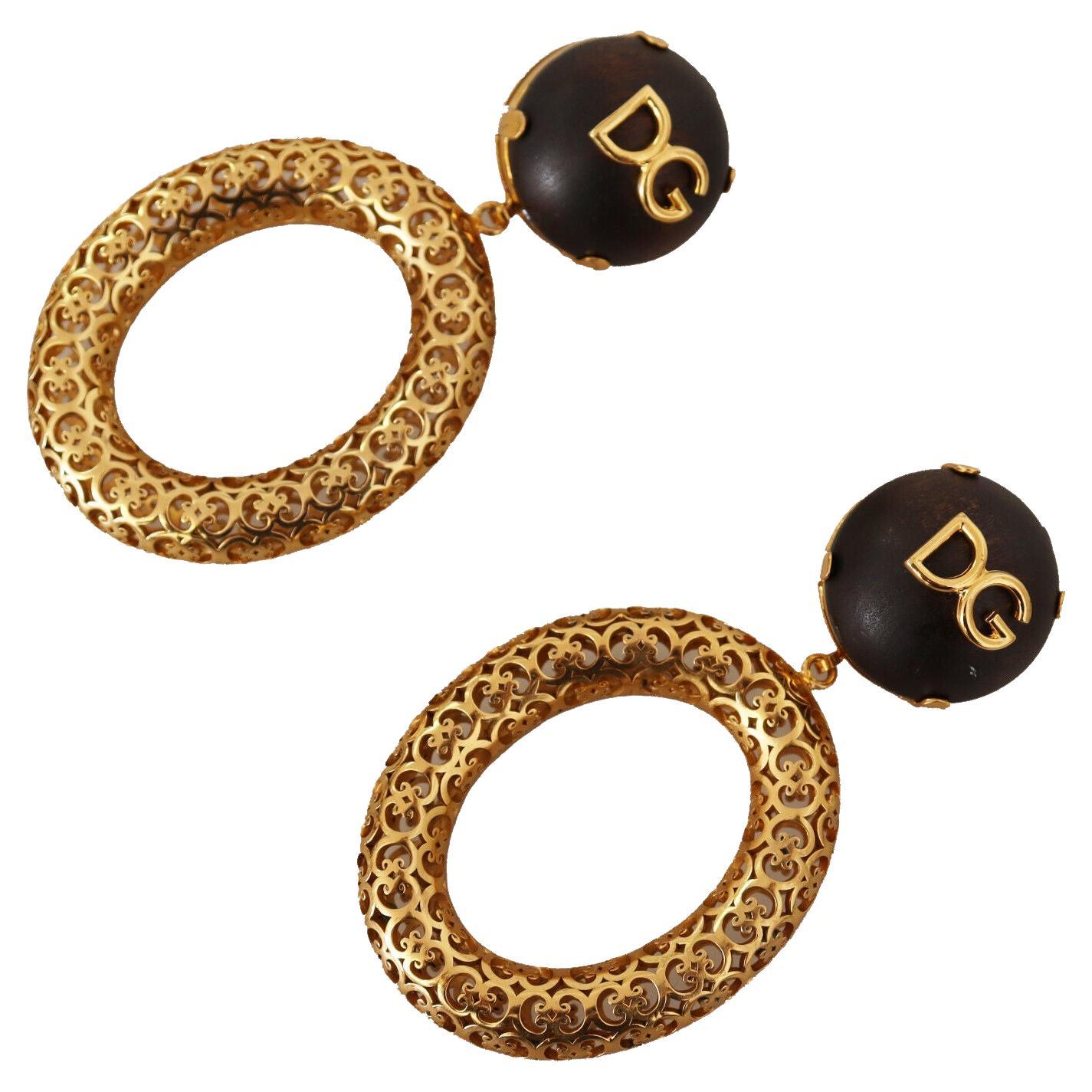Dolce & Gabbana Gold Brown Brass Sicily Clip-on Dangle Hoop Earrings DG Logo