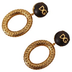 Dolce & Gabbana Gold Brown Brass Sicily Clip-on Dangle Hoop Earrings DG Logo