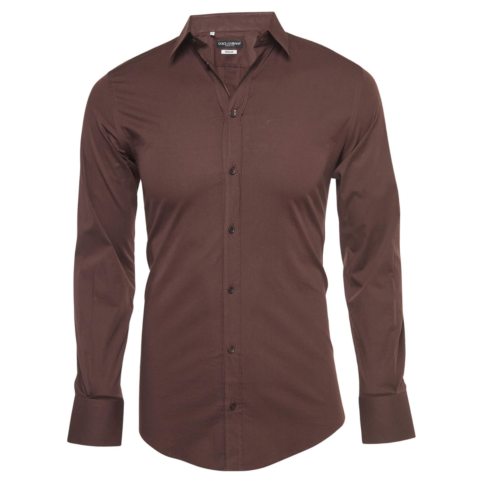 Dolce & Gabbana Gold Brown Cotton Button Front Full Sleeve Shirt S For Sale