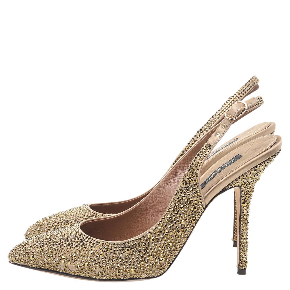 Brown Dolce & Gabbana Gold Crystal Embellished Satin Slingback Sandals Size 39.5 For Sale