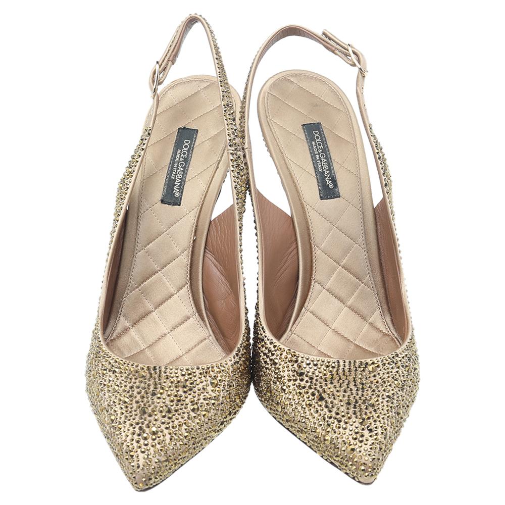 Women's Dolce & Gabbana Gold Crystal Embellished Satin Slingback Sandals Size 39.5 For Sale