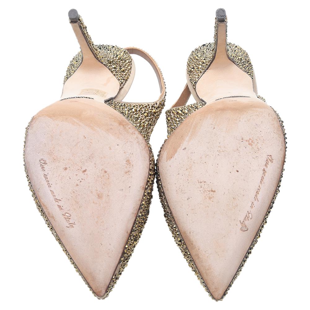 Dolce & Gabbana Gold Crystal Embellished Satin Slingback Sandals Size 39.5 For Sale 2