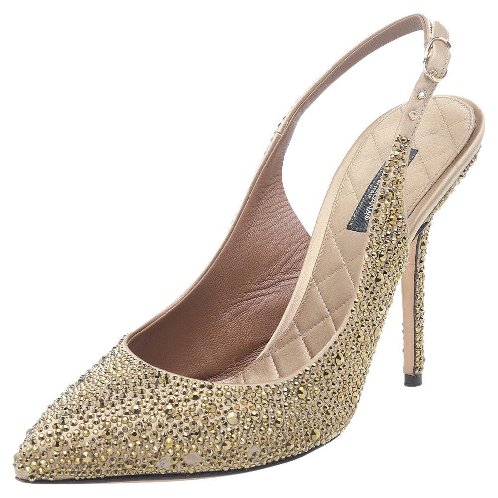 Dolce & Gabbana Gold Crystal Embellished Satin Slingback Sandals Size 39.5 For Sale