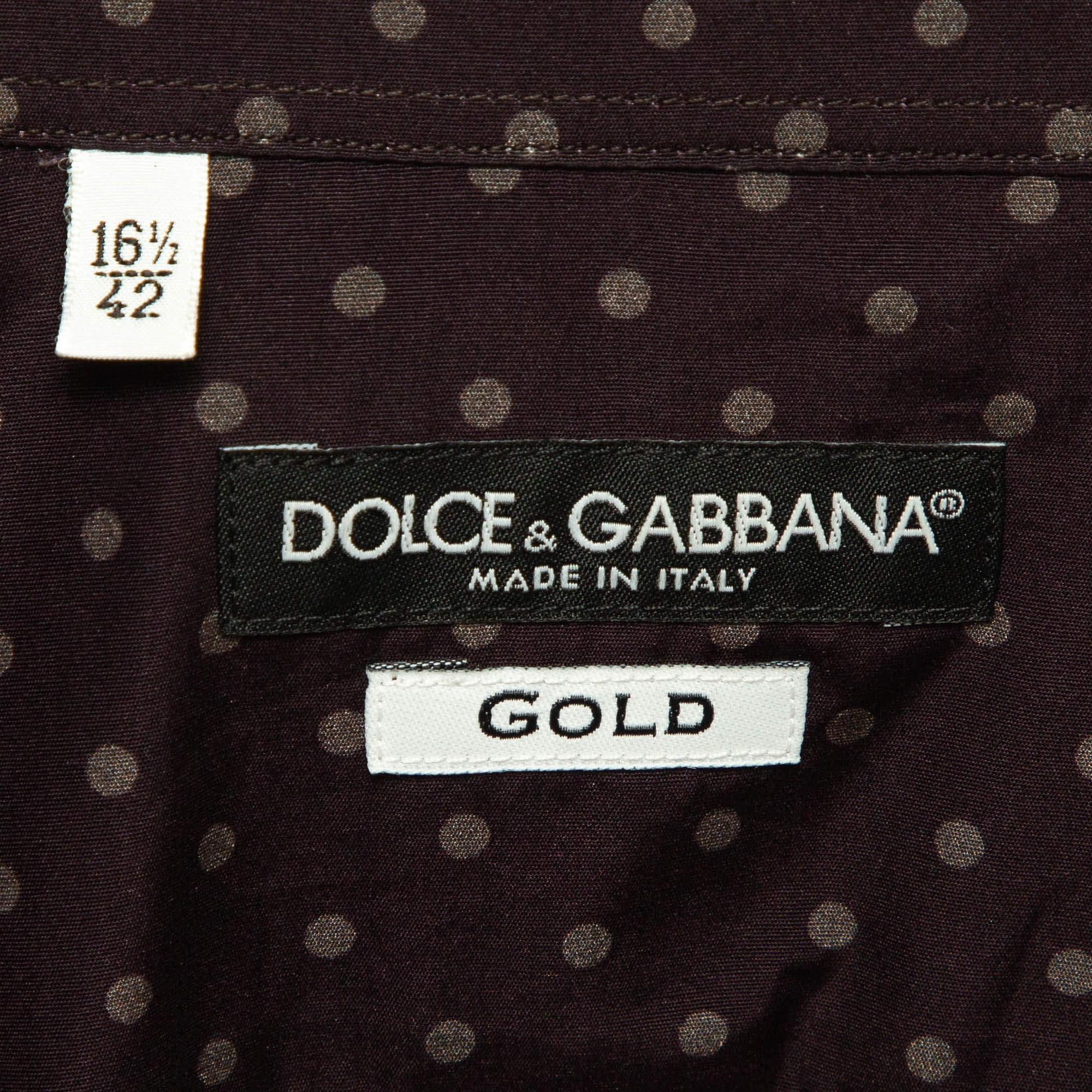 Men's Dolce & Gabbana Gold Dark Purple Dotted Cotton Buttoned Up Shirt XXS For Sale