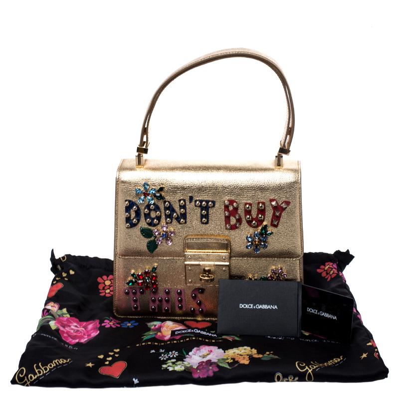 Dolce & Gabbana Gold Embellished Leather Rosalia Top Handle Bag 3
