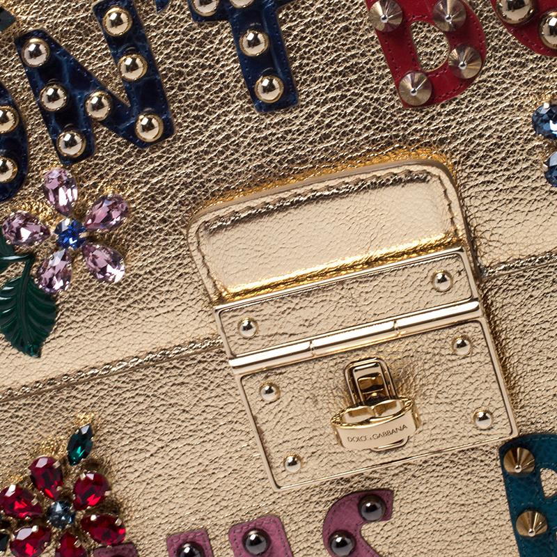 Dolce & Gabbana Gold Embellished Leather Rosalia Top Handle Bag 3