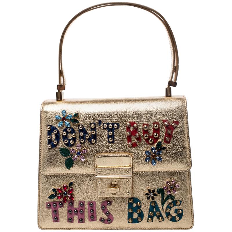 Dolce & Gabbana Gold Embellished Leather Rosalia Top Handle Bag