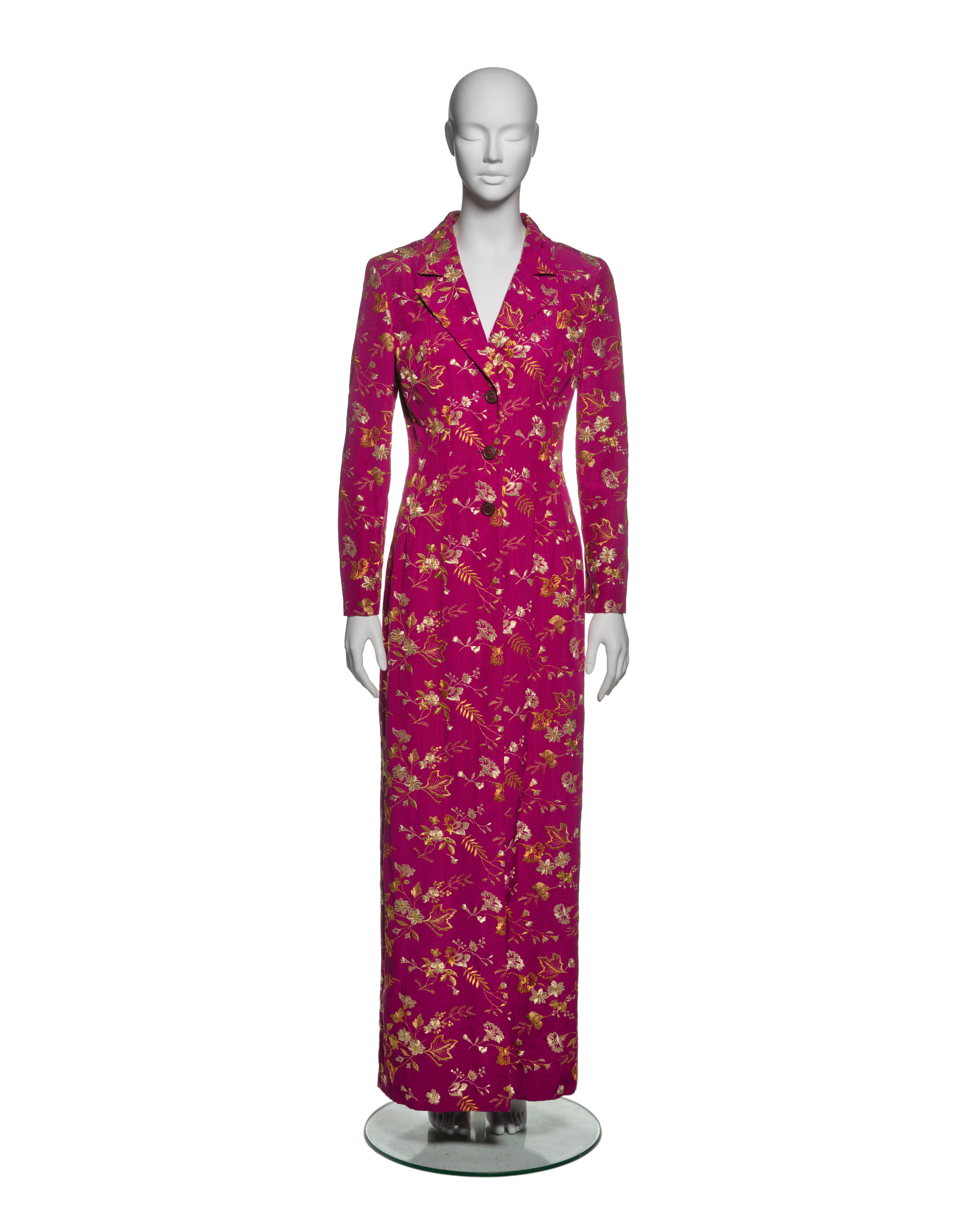 Dolce & Gabbana Gold Embroidered Magenta Moiré Evening Dress Coat, FW 1997 In Excellent Condition For Sale In London, GB