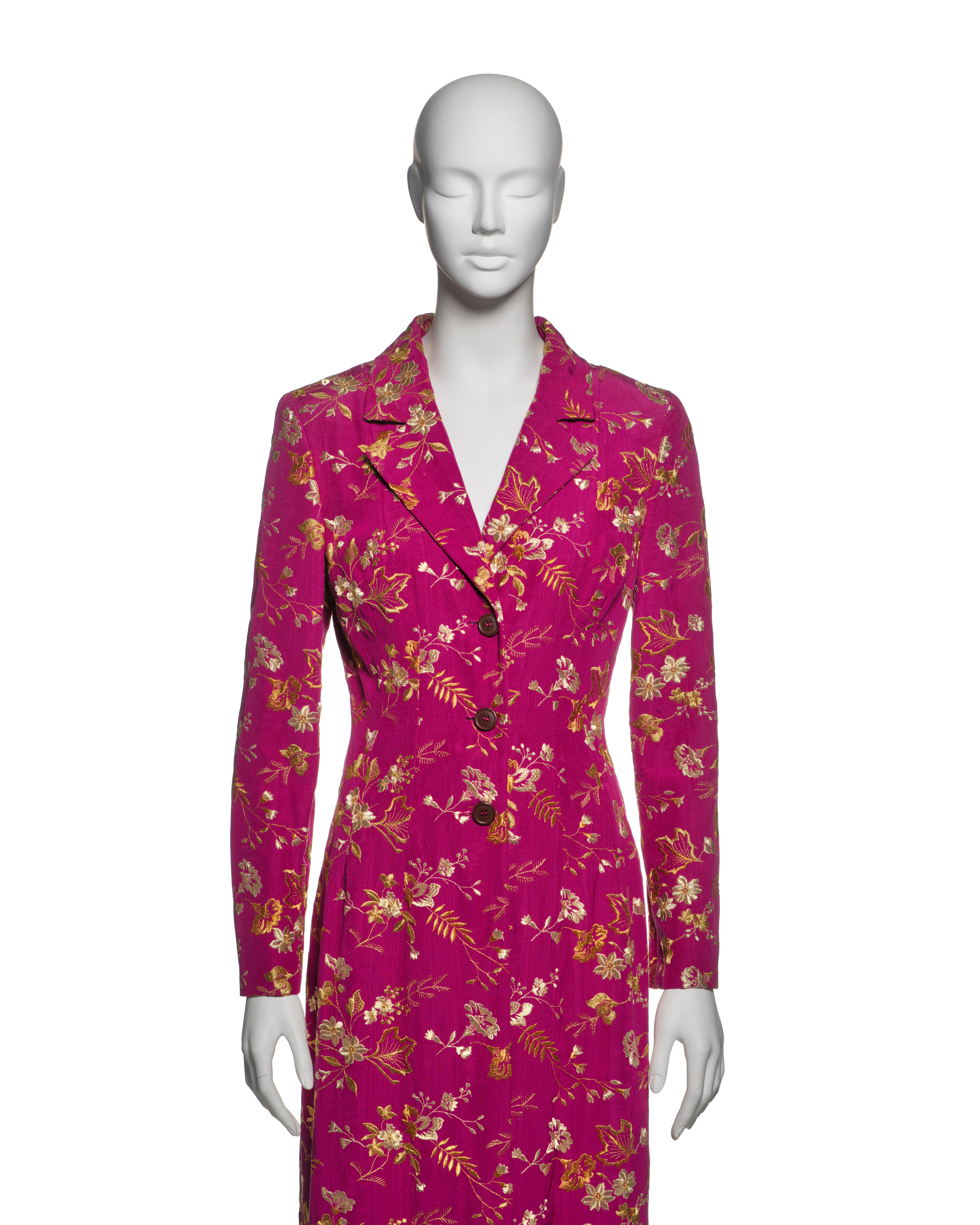 Women's Dolce & Gabbana Gold Embroidered Magenta Moiré Evening Dress Coat, FW 1997 For Sale