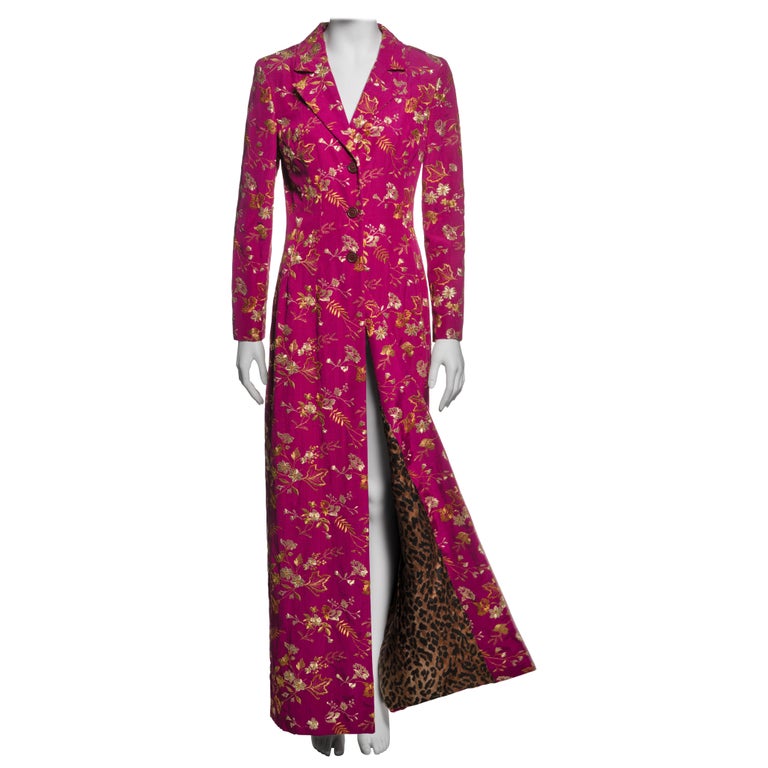 Dolce and Gabbana Gold Embroidered Magenta Moir Evening Dress Coat, FW  1997 For Sale at 1stDibs