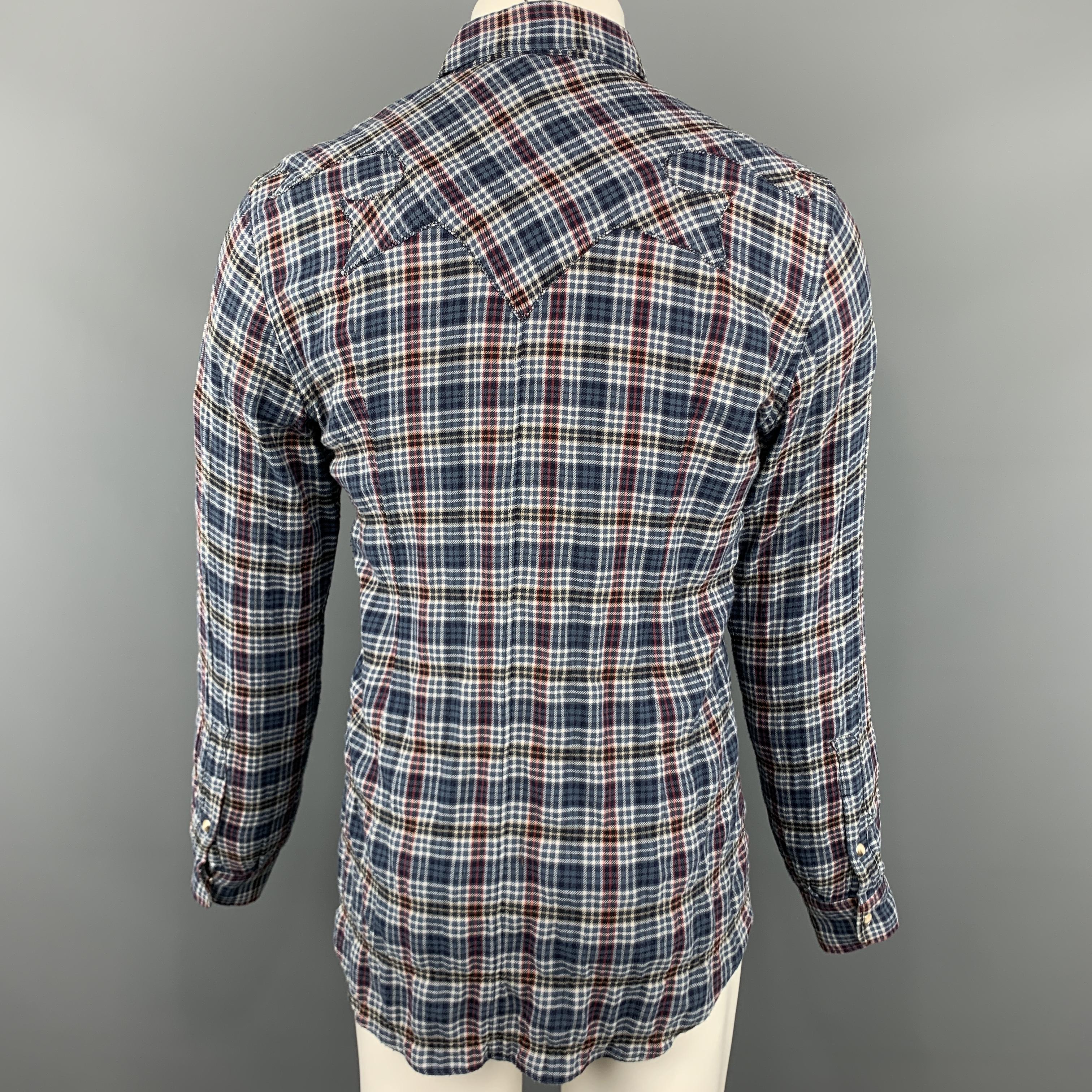 DOLCE & GABBANA Gold Fit Size S Navy & Burgundy Plaid Snaps Long Sleeve  Shirt In Excellent Condition In San Francisco, CA
