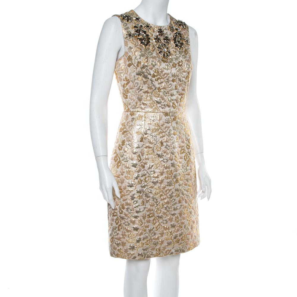 Dolce & Gabbana Gold Floral Jacquard Crystal Embellished Sheath Dress M In Excellent Condition In Dubai, Al Qouz 2