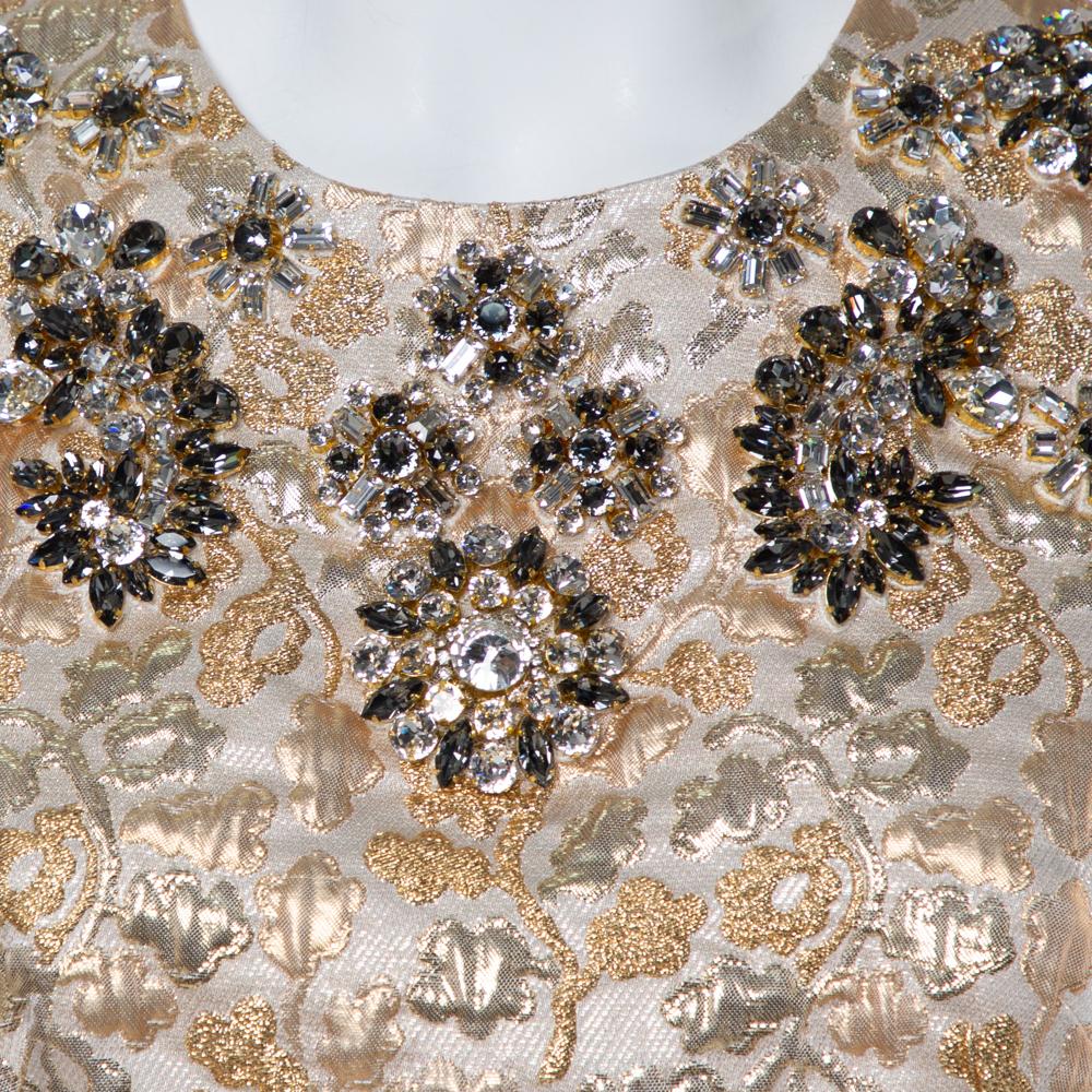 Dolce & Gabbana Gold Floral Jacquard Crystal Embellished Sheath Dress M 1