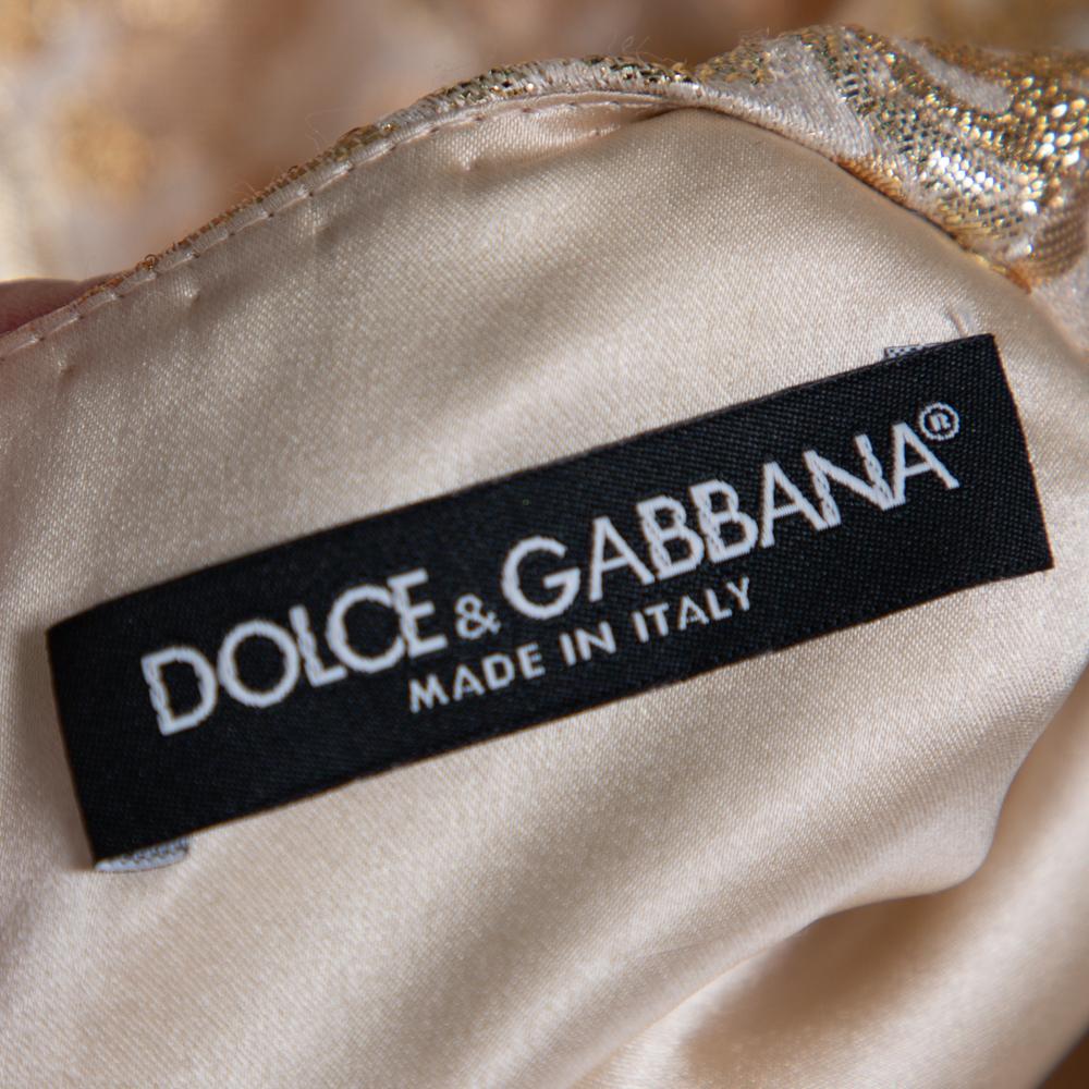 Dolce & Gabbana Gold Floral Jacquard Crystal Embellished Sheath Dress M 3