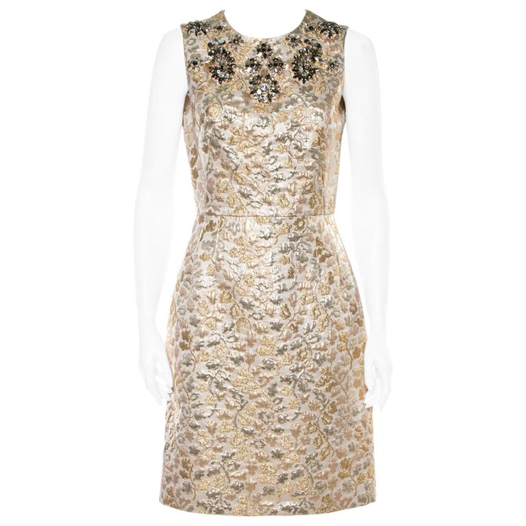 Dolce and Gabbana Gold Floral Jacquard Crystal Embellished Sheath Dress ...