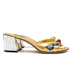 Dolce & Gabbana Gold Floral Knotted Sandals with Mirrored Block Heel 39.5
