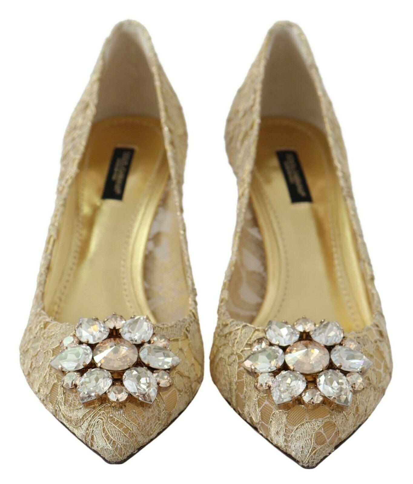 Women's Dolce & Gabbana Gold Floral Lace Pumps Shoes High Heels With Jewels Crystals DG