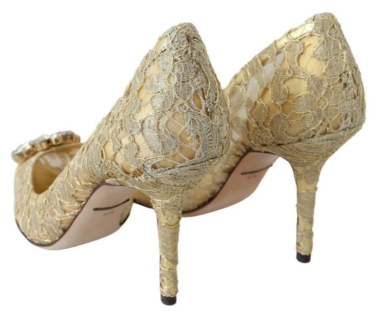 Dolce and Gabbana Gold Floral Lace Pumps Shoes High Heels With Jewels