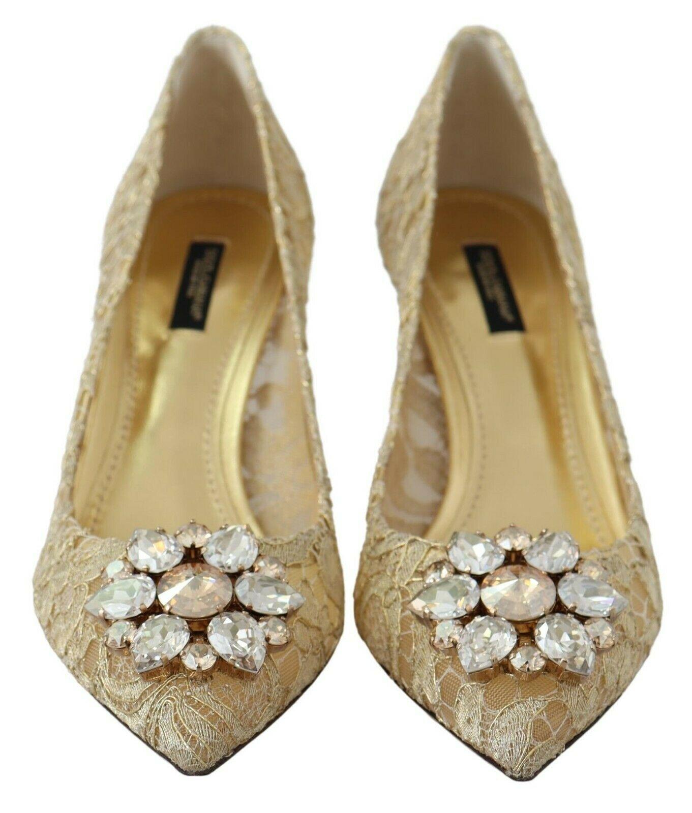 Dolce & Gabbana Gold Floral Lace Pumps Shoes Low Heels With Jewels Crystals DG In New Condition In WELWYN, GB