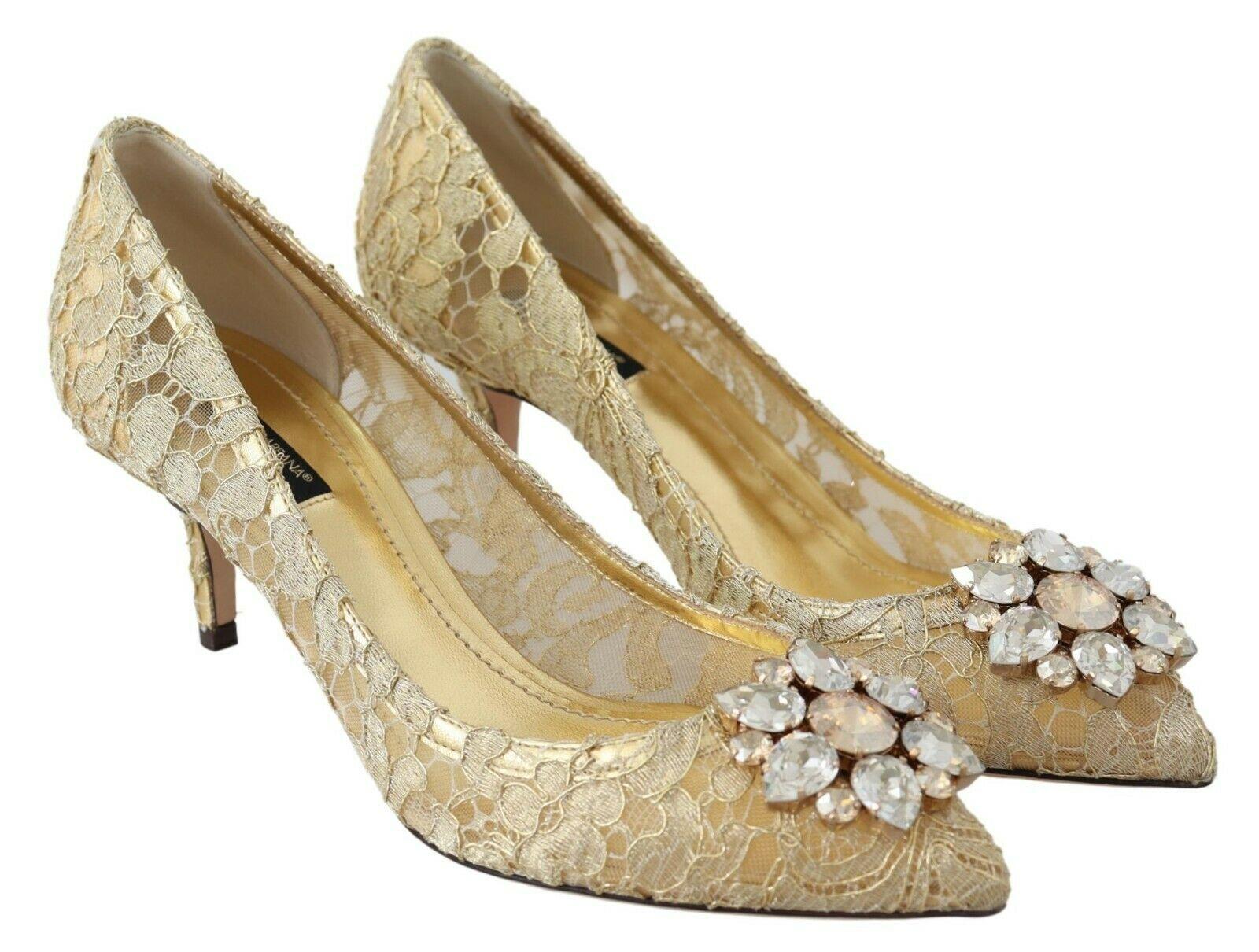 Women's Dolce & Gabbana Gold Floral Lace Pumps Shoes Low Heels With Jewels Crystals DG