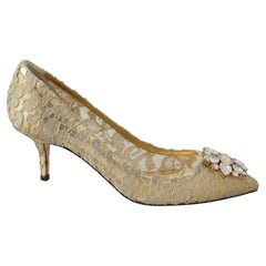Dolce & Gabbana Gold Floral Spitze Pumps Schuhe Low Heels mit Juwelen Kristalle DG