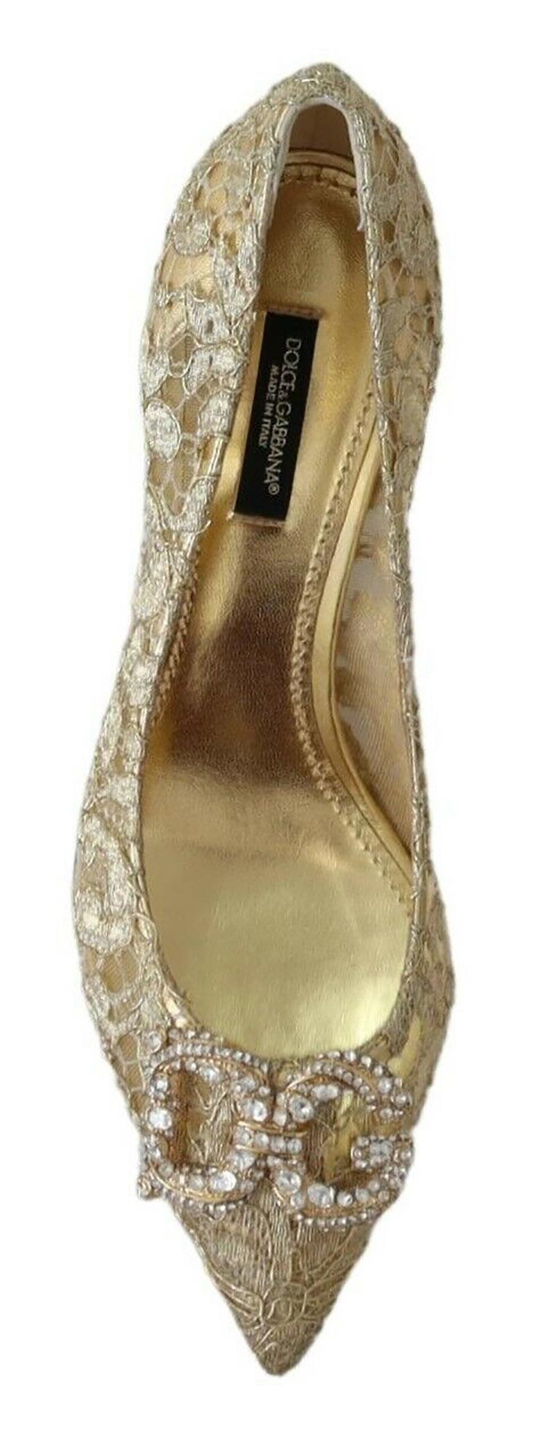 Women's Dolce & Gabbana Gold Floral Lace Shoes Pumps Heels With DG Logo Jewels Crystals