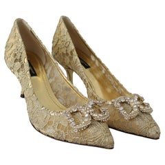 Dolce & Gabbana Gold Floral Lace Shoes Pumps Heels With DG Logo Jewels Crystals