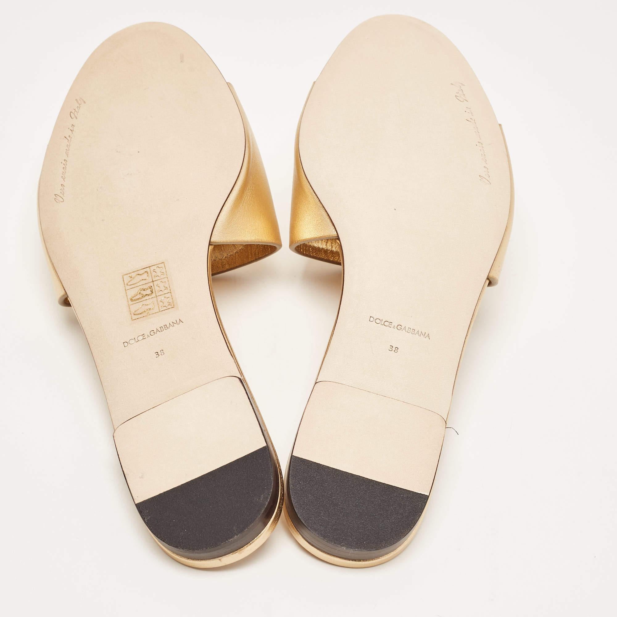 Dolce and Gabbana Gold Foil Leather DG Millennials Flat Slides Size 38