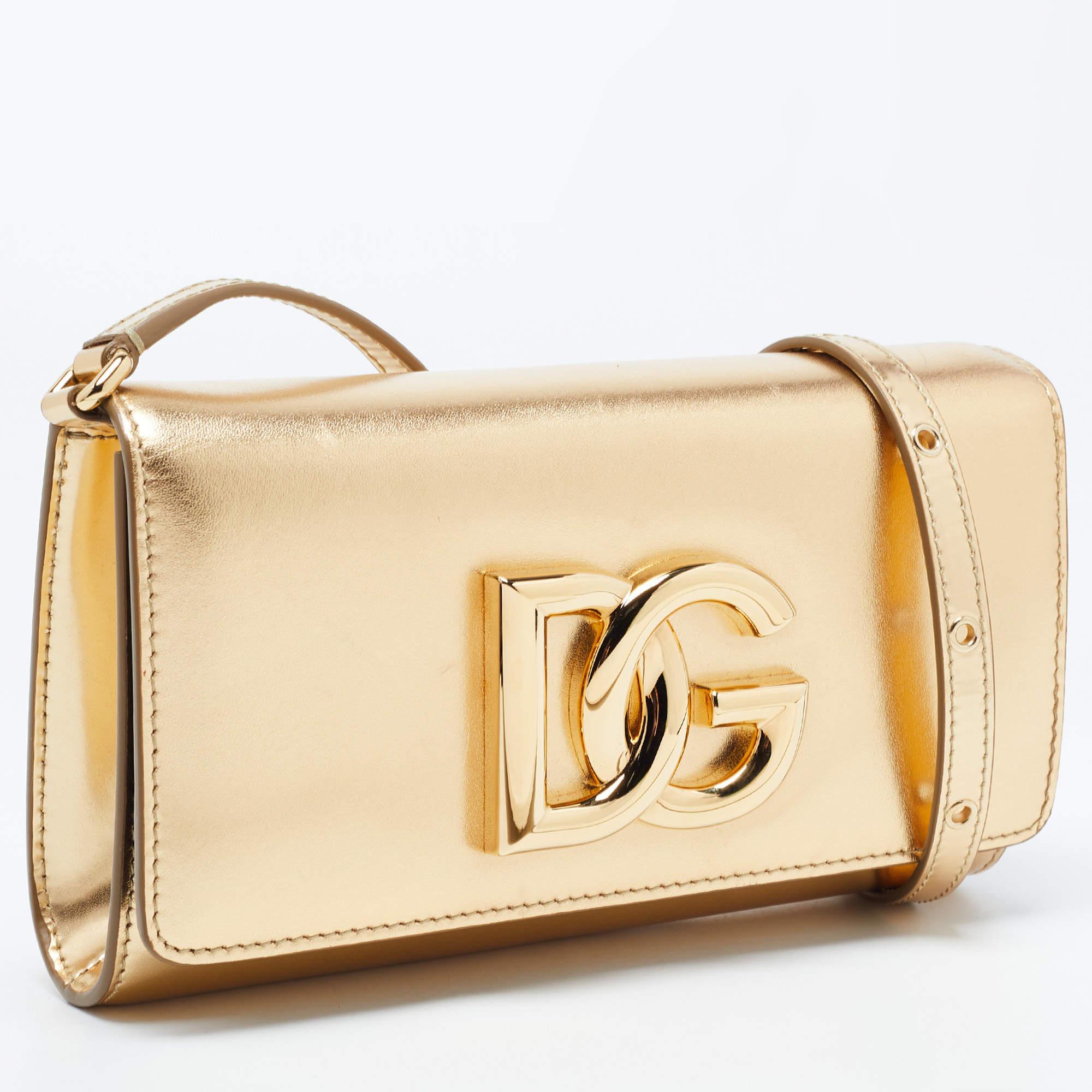 Women's Dolce & Gabbana Gold Glossy Leather DG Logo Shoulder Bag