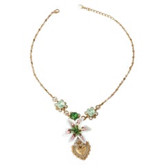 Dolce & Gabbana Gold Green White Brass Crystal Lily Flower DG Heart Necklace