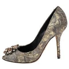 Dolce & Gabbana Gold/Grey Lurex Fabric Floral Bellucci Crystal Pumps Size 37
