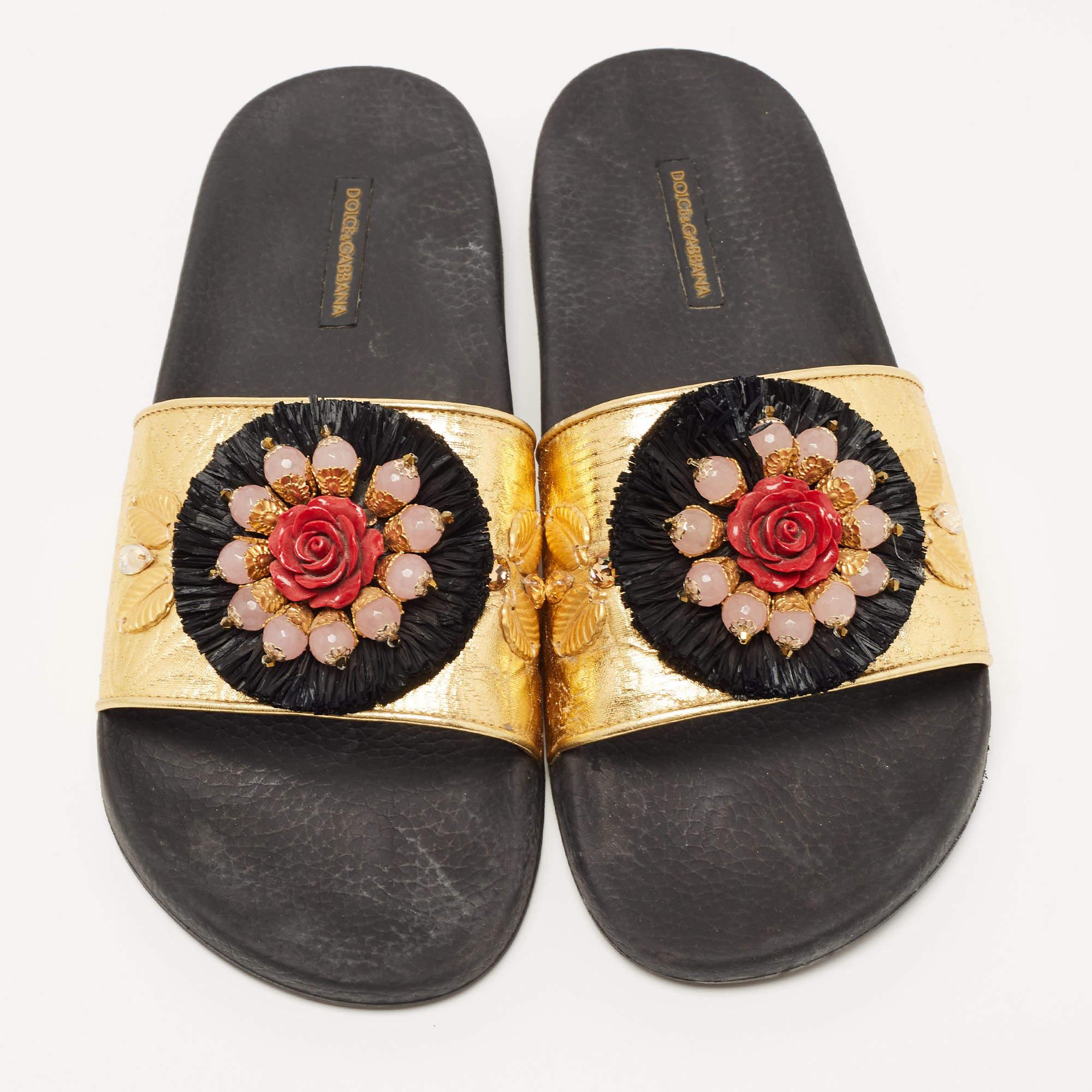 Black Dolce & Gabbana Gold Jacquard Embellished Slide Sandals Size 40 For Sale