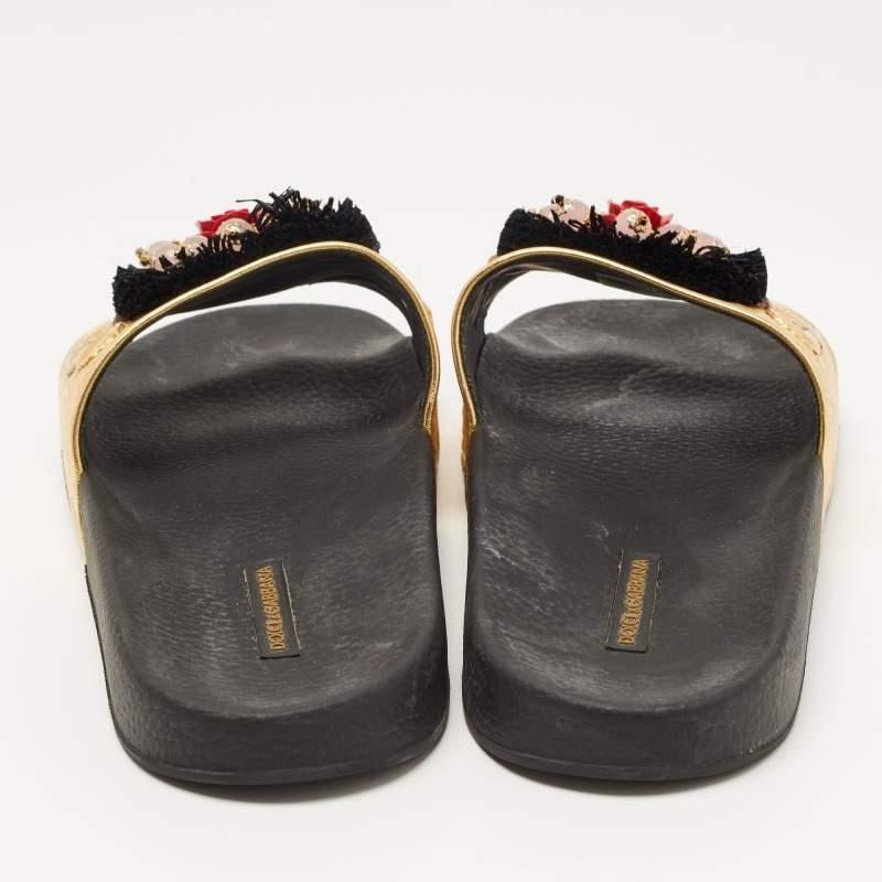 Women's Dolce & Gabbana Gold Jacquard Embellished Slide Sandals Size 40 For Sale