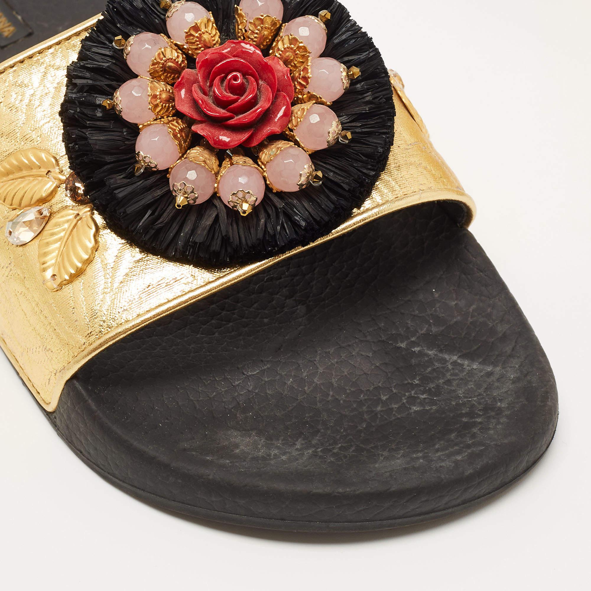 Dolce & Gabbana Gold Jacquard Embellished Slide Sandals Size 40 For Sale 2